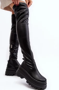 Sale Kozaki Damskie Za Kolano Na Masywnej Podeszwie Czarne Chinasa Damskie Muszkieterki|Kozaki Za Kolano