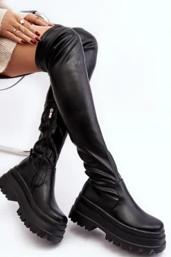 Sale Kozaki Damskie Za Kolano Na Masywnej Podeszwie Czarne Chinasa Damskie Muszkieterki|Kozaki Za Kolano