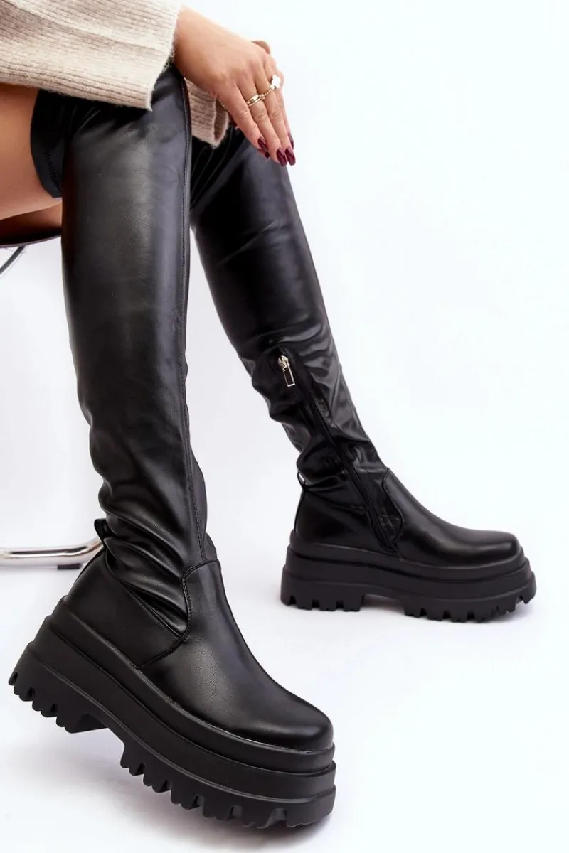 Sale Kozaki Damskie Za Kolano Na Masywnej Podeszwie Czarne Chinasa Damskie Muszkieterki|Kozaki Za Kolano