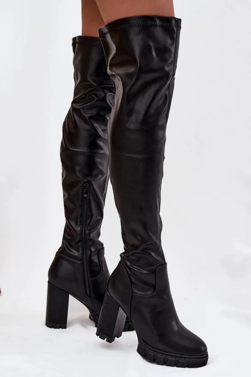 Muszkieterki|Kozaki Na Słupku>Boto Kozaki Damskie Za Kolano Na Słupku Eko Skórzane Czarne Tahlina Czarny