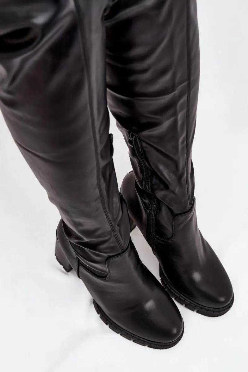 Muszkieterki|Kozaki Na Słupku>Boto Kozaki Damskie Za Kolano Na Słupku Eko Skórzane Czarne Tahlina Czarny