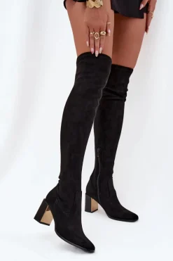 Sale Kozaki Damskie Za Kolano Na Słupku Eko Zamszowe Czarne Jelina Damskie Kozaki Ocieplane|Muszkieterki