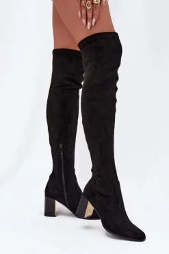 Sale Kozaki Damskie Za Kolano Na Słupku Eko Zamszowe Czarne Jelina Damskie Kozaki Ocieplane|Muszkieterki