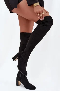 Sale Kozaki Damskie Za Kolano Na Słupku Eko Zamszowe Czarne Jelina Damskie Kozaki Ocieplane|Muszkieterki
