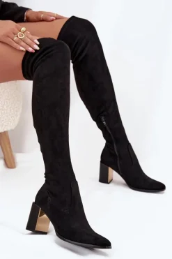 Sale Kozaki Damskie Za Kolano Na Słupku Eko Zamszowe Czarne Jelina Damskie Kozaki Ocieplane|Muszkieterki