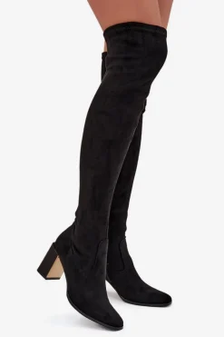 Sale Kozaki Damskie Za Kolano Na Słupku Eko Zamszowe Czarne Jelina Damskie Kozaki Ocieplane|Muszkieterki