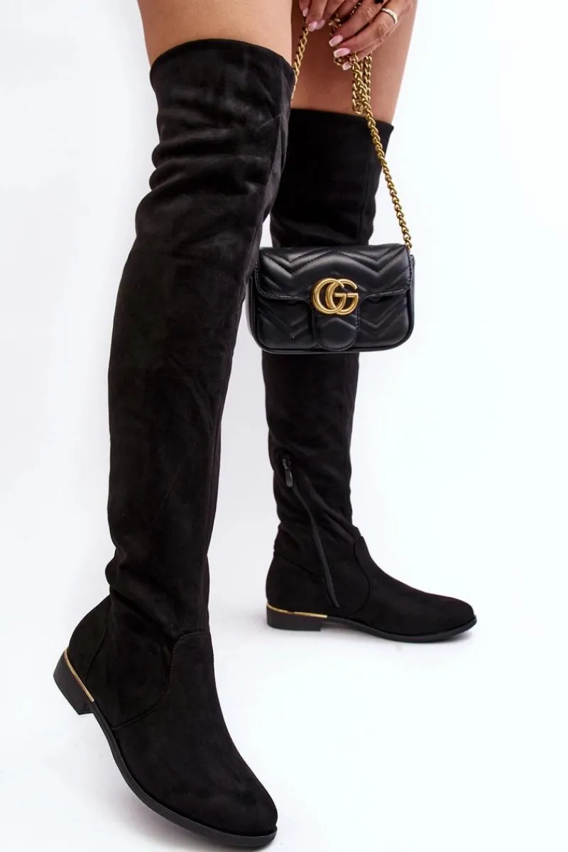 Online Boto Kozaki Damskie Za Kolano Na Płaskim Obcasie Czarne Bikka