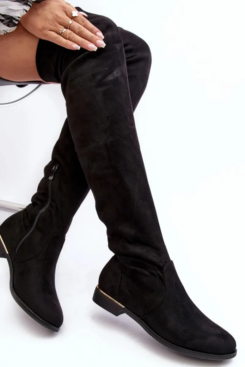 Online Boto Kozaki Damskie Za Kolano Na Płaskim Obcasie Czarne Bikka