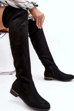 Online Boto Kozaki Damskie Za Kolano Na Płaskim Obcasie Czarne Bikka