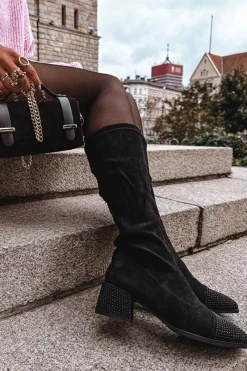 Discount Kozaki Damskie Ze Zdobieniem Na Klocku Eko Zamszowe Czarne Ivanna Damskie Kozaki Ocieplane|Kozaki Na Słupku