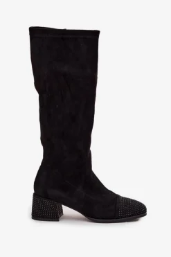 Discount Kozaki Damskie Ze Zdobieniem Na Klocku Eko Zamszowe Czarne Ivanna Damskie Kozaki Ocieplane|Kozaki Na Słupku