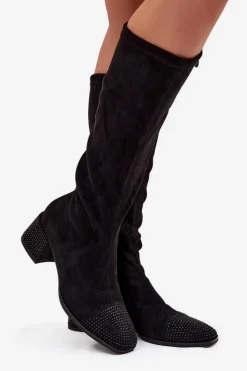 Discount Kozaki Damskie Ze Zdobieniem Na Klocku Eko Zamszowe Czarne Ivanna Damskie Kozaki Ocieplane|Kozaki Na Słupku