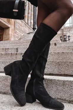 Discount Kozaki Damskie Ze Zdobieniem Na Klocku Eko Zamszowe Czarne Ivanna Damskie Kozaki Ocieplane|Kozaki Na Słupku