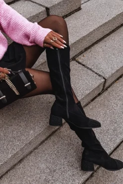 Discount Kozaki Damskie Ze Zdobieniem Na Klocku Eko Zamszowe Czarne Ivanna Damskie Kozaki Ocieplane|Kozaki Na Słupku