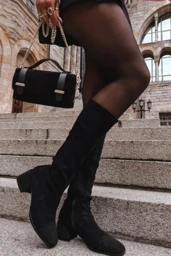 Discount Kozaki Damskie Ze Zdobieniem Na Klocku Eko Zamszowe Czarne Ivanna Damskie Kozaki Ocieplane|Kozaki Na Słupku