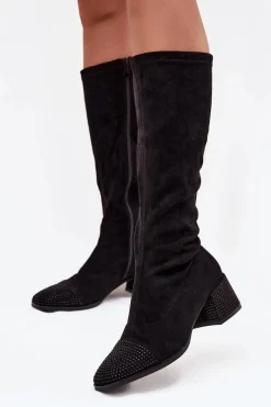 Discount Kozaki Damskie Ze Zdobieniem Na Klocku Eko Zamszowe Czarne Ivanna Damskie Kozaki Ocieplane|Kozaki Na Słupku