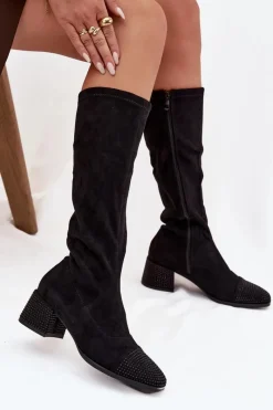 Discount Kozaki Damskie Ze Zdobieniem Na Klocku Eko Zamszowe Czarne Ivanna Damskie Kozaki Ocieplane|Kozaki Na Słupku