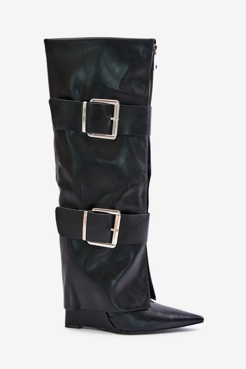 Best Boto Kozaki Do Kolana Na Koturnie Z Wywiniętą Cholewką I Klamrami Tamirla