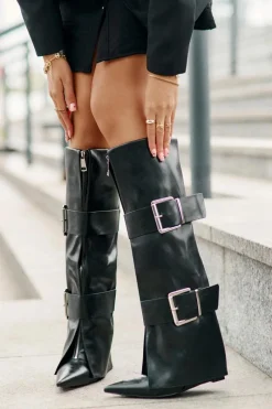 Best Boto Kozaki Do Kolana Na Koturnie Z Wywiniętą Cholewką I Klamrami Tamirla