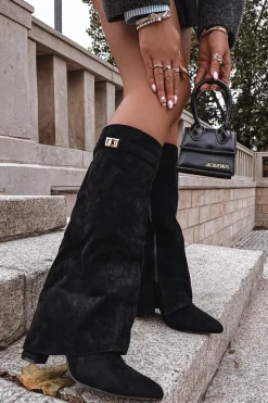 Kozaki Ocieplane|Kozaki Na Słupku>Boto Kozaki Eko Zamszowe Obcas Słupek Na Zamek Ocieplane Wywinięta Cholewka Beżowe Evyra Czarny