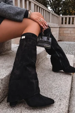 Kozaki Ocieplane|Kozaki Na Słupku></noscript>Boto Kozaki Eko Zamszowe Obcas Słupek Na Zamek Ocieplane Wywinięta Cholewka Beżowe Evyra Czarny