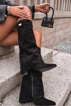 Kozaki Ocieplane|Kozaki Na Słupku></noscript>Boto Kozaki Eko Zamszowe Obcas Słupek Na Zamek Ocieplane Wywinięta Cholewka Beżowe Evyra Czarny