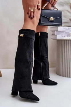 Kozaki Ocieplane|Kozaki Na Słupku></noscript>Boto Kozaki Eko Zamszowe Obcas Słupek Na Zamek Ocieplane Wywinięta Cholewka Beżowe Evyra Czarny