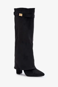 Kozaki Ocieplane|Kozaki Na Słupku></noscript>Boto Kozaki Eko Zamszowe Obcas Słupek Na Zamek Ocieplane Wywinięta Cholewka Beżowe Evyra Czarny