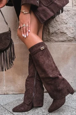 Kozaki Ocieplane|Kozaki Na Słupku>Boto Kozaki Eko Zamszowe Obcas Słupek Na Zamek Ocieplane Wywinięta Cholewka Czekoladowe Evyra Brązowy