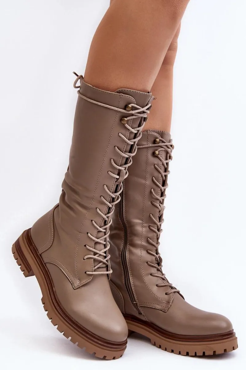 Sale Kozaki Glany Damskie Do Połowy Łydki Sznurowane Beżowe Elavettsa Damskie Kozaki Wiosenne|Kozaki Płaskie