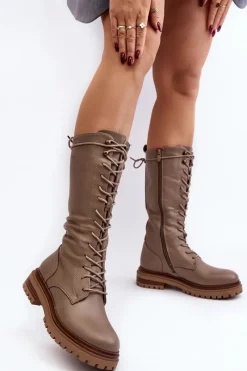 Sale Kozaki Glany Damskie Do Połowy Łydki Sznurowane Beżowe Elavettsa Damskie Kozaki Wiosenne|Kozaki Płaskie