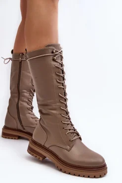Sale Kozaki Glany Damskie Do Połowy Łydki Sznurowane Beżowe Elavettsa Damskie Kozaki Wiosenne|Kozaki Płaskie