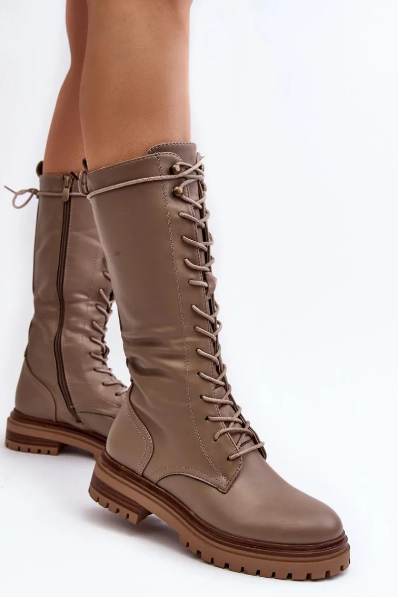 Sale Kozaki Glany Damskie Do Połowy Łydki Sznurowane Beżowe Elavettsa Damskie Kozaki Wiosenne|Kozaki Płaskie