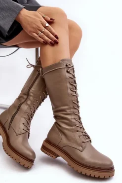 Sale Kozaki Glany Damskie Do Połowy Łydki Sznurowane Beżowe Elavettsa Damskie Kozaki Wiosenne|Kozaki Płaskie