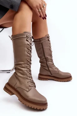 Sale Kozaki Glany Damskie Do Połowy Łydki Sznurowane Beżowe Elavettsa Damskie Kozaki Wiosenne|Kozaki Płaskie