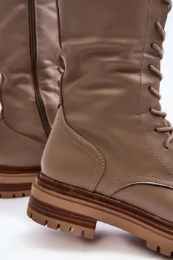 Sale Kozaki Glany Damskie Do Połowy Łydki Sznurowane Beżowe Elavettsa Damskie Kozaki Wiosenne|Kozaki Płaskie