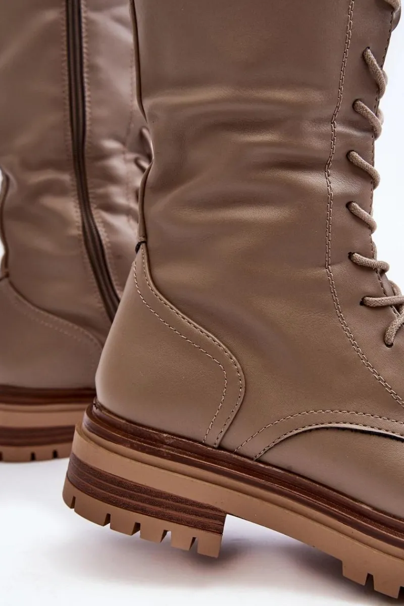 Sale Kozaki Glany Damskie Do Połowy Łydki Sznurowane Beżowe Elavettsa Damskie Kozaki Wiosenne|Kozaki Płaskie