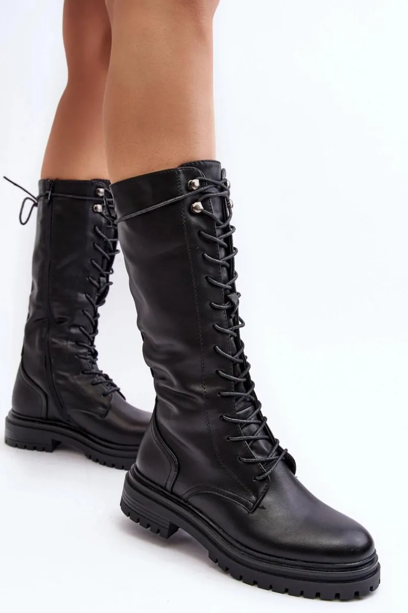 Kozaki Wiosenne|Kozaki Płaskie>Boto Kozaki Glany Damskie Do Połowy Łydki Sznurowane Czarne Elavettsa