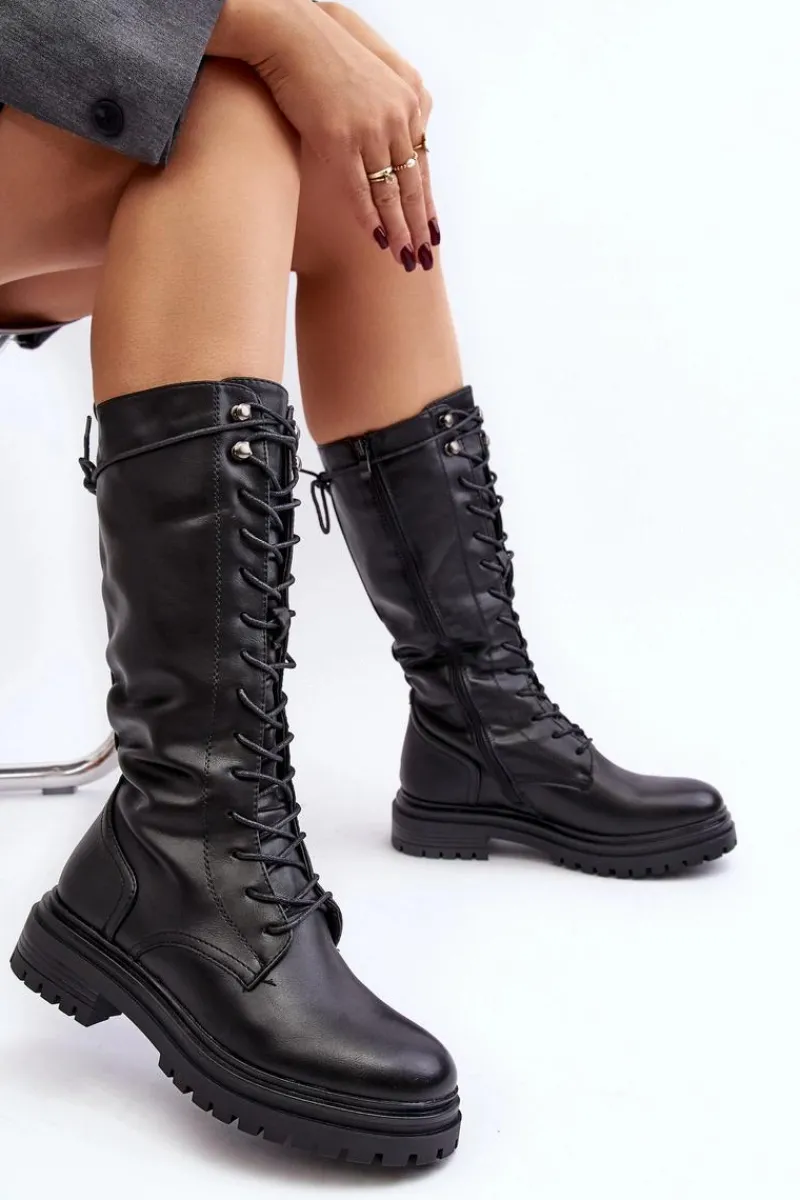 Kozaki Wiosenne|Kozaki Płaskie>Boto Kozaki Glany Damskie Do Połowy Łydki Sznurowane Czarne Elavettsa