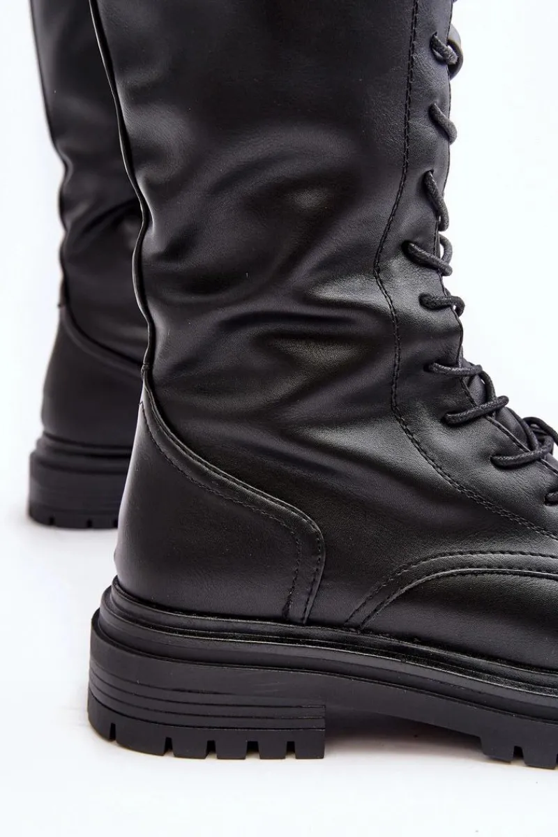 Kozaki Wiosenne|Kozaki Płaskie>Boto Kozaki Glany Damskie Do Połowy Łydki Sznurowane Czarne Elavettsa