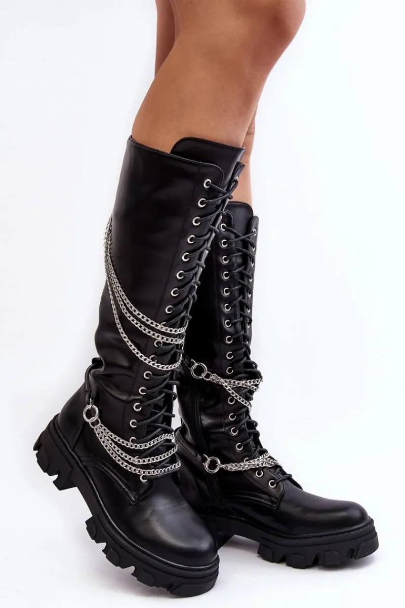 Sale Boto Kozaki Glany Damskie Z Łańcuchami Czarne Lannera