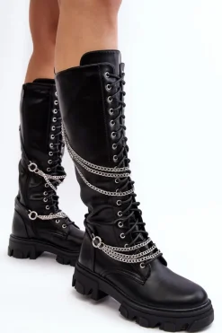 Sale Boto Kozaki Glany Damskie Z Łańcuchami Czarne Lannera