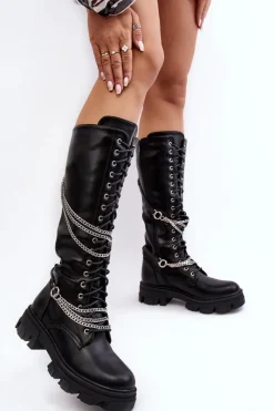 Sale Boto Kozaki Glany Damskie Z Łańcuchami Czarne Lannera