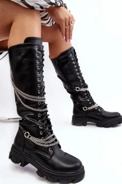 Sale Boto Kozaki Glany Damskie Z Łańcuchami Czarne Lannera