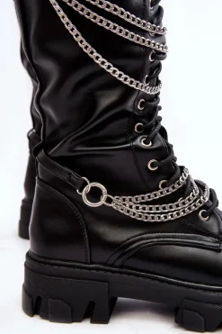 Sale Boto Kozaki Glany Damskie Z Łańcuchami Czarne Lannera