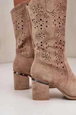 Best Damskie buty S.Barski Kozaki Kowbojki Damskie Ażurowe Na Obcasie Słupku Eko Zamszowe Beżowe S.Barski HY42-028