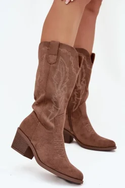 Kozaki Na Obcasie|Kozaki Zamszowe>Buty damskie Vinceza Kozaki Kowbojki Damskie Na Obcasie Ocieplane Vinceza 16508 Ciemnobeżowe Beżowy