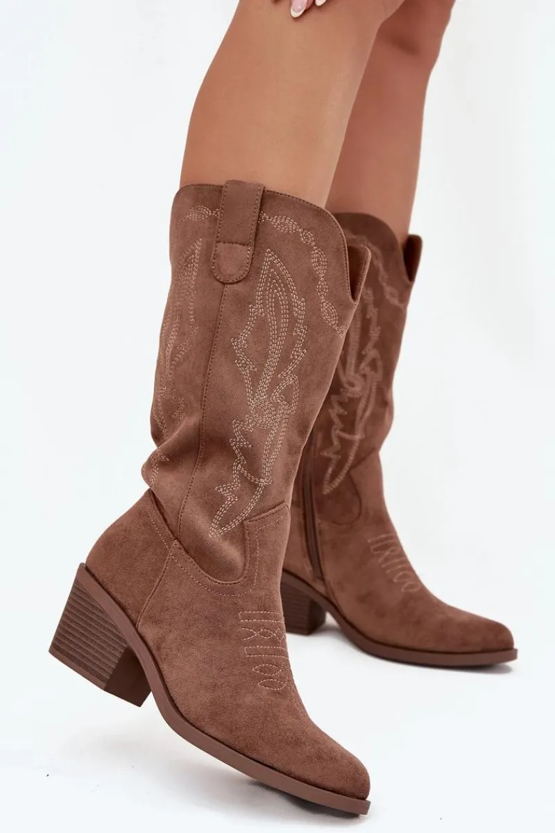 Kozaki Na Obcasie|Kozaki Zamszowe>Buty damskie Vinceza Kozaki Kowbojki Damskie Na Obcasie Ocieplane Vinceza 16508 Ciemnobeżowe Beżowy