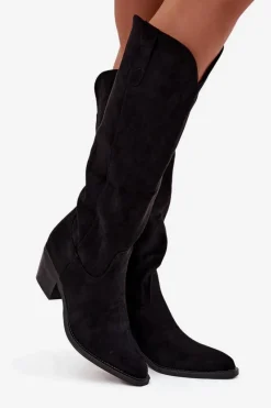 Discount Boto Kozaki Kowbojki Damskie Na Obcasie Z Eko Zamszu Czarne Esmira