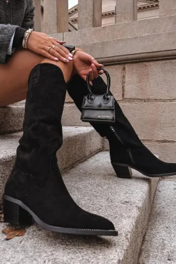 Discount Boto Kozaki Kowbojki Damskie Na Obcasie Z Eko Zamszu Czarne Esmira